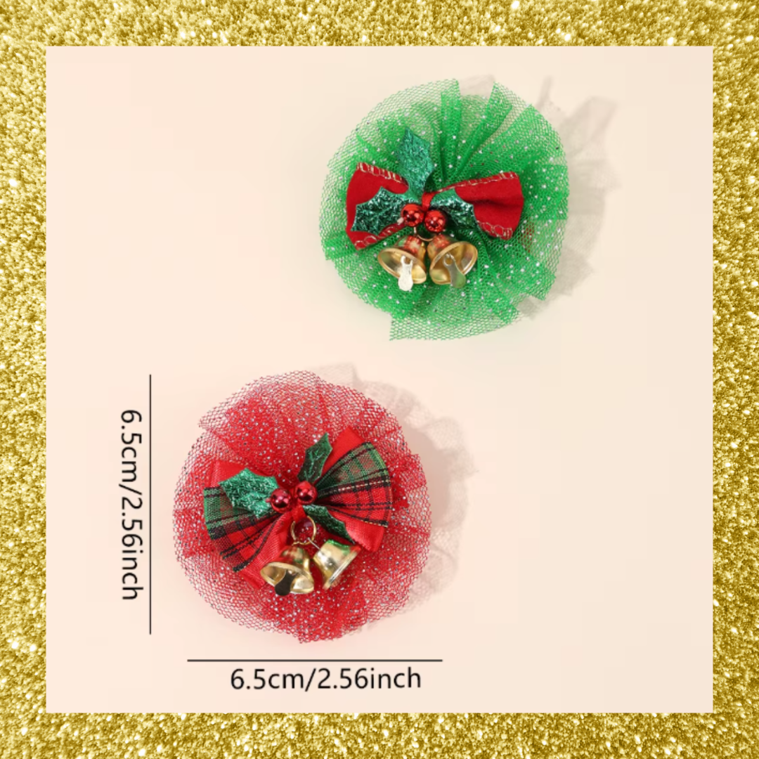 Red and Green Christmas Glitter Mesh Tulle Plaid Bell Bow Hair Clips