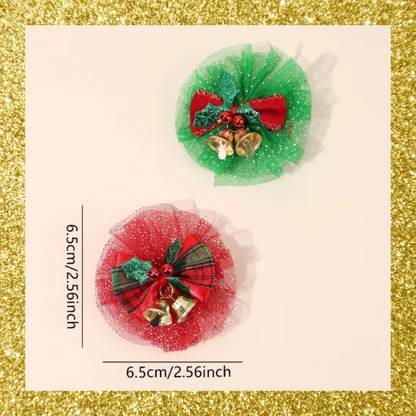 Red and Green Christmas Glitter Mesh Tulle Plaid Bell Bow Hair Clips
