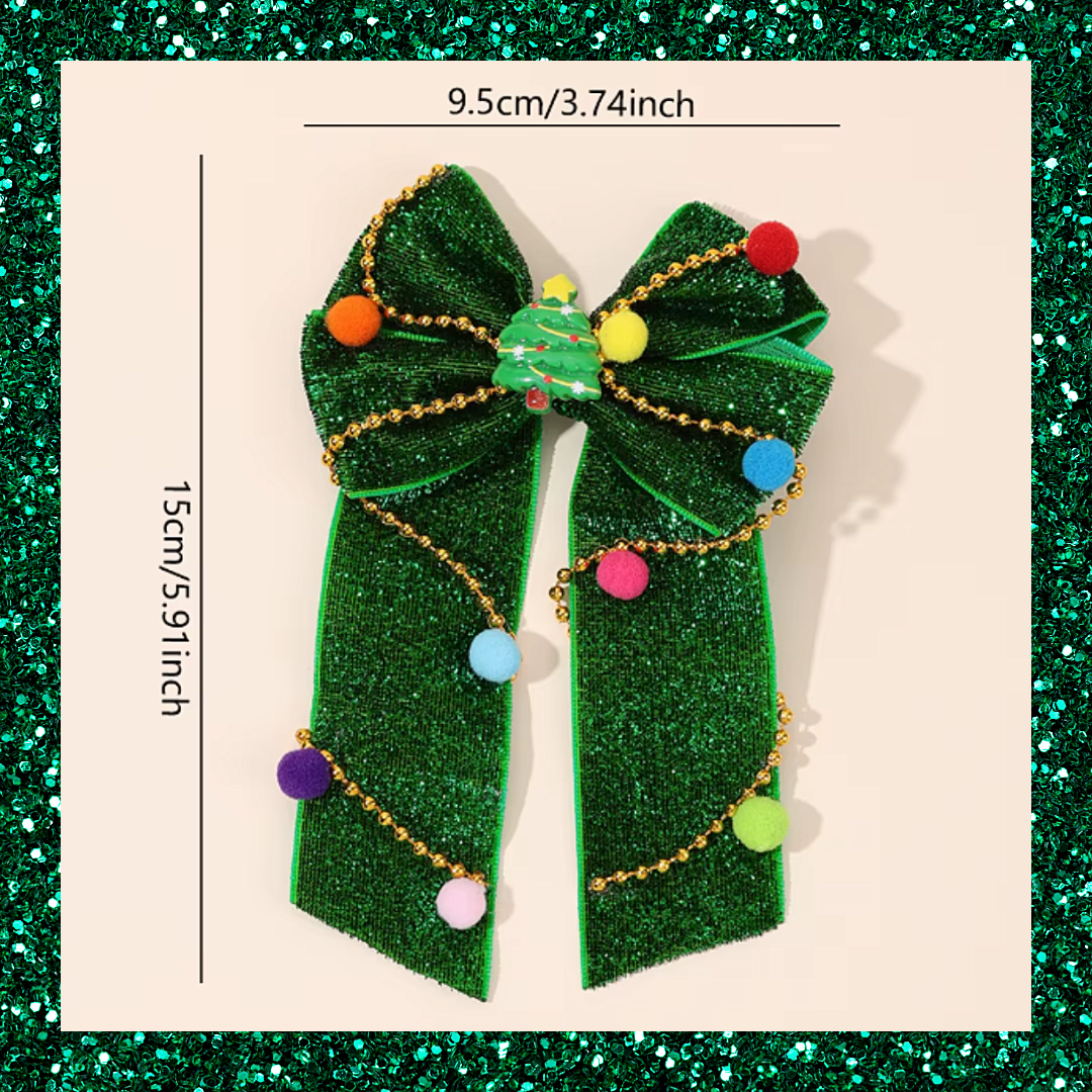 Christmas Tree Green Glittery Ribbon Bow Hair Clip With Colourful Pom Poms