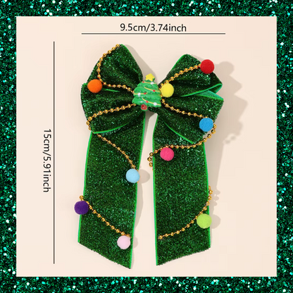 Christmas Tree Green Glittery Ribbon Bow Hair Clip With Colourful Pom Poms