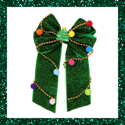 Christmas Tree Green Glittery Ribbon Bow Hair Clip With Colourful Pom Poms