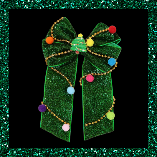 Christmas Tree Green Glittery Ribbon Bow Hair Clip With Colourful Pom Poms