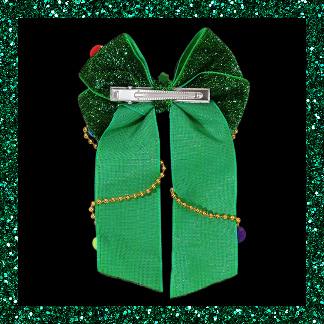 Christmas Tree Green Glittery Ribbon Bow Hair Clip With Colourful Pom Poms