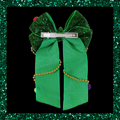 Christmas Tree Green Glittery Ribbon Bow Hair Clip With Colourful Pom Poms