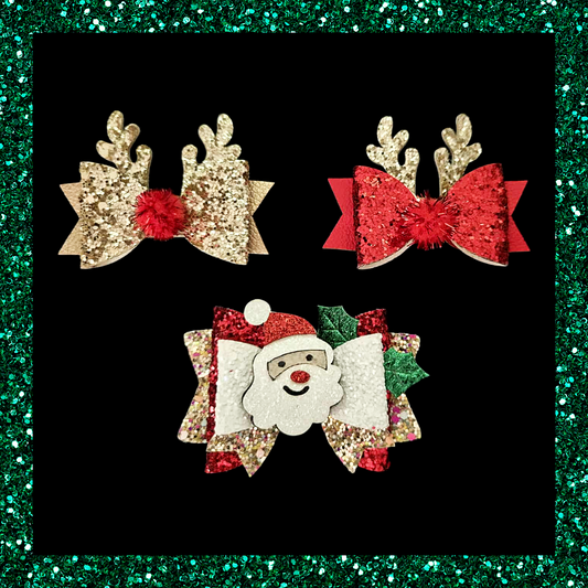 Sparkly Santa Father Christmas and Reindeer Horn Festive Christmas Hair Bow Clip Trio Set