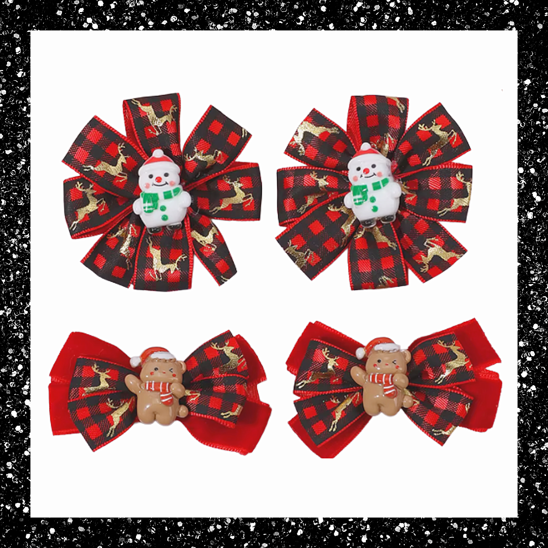 Festive snowman and gingerbread red black Christmas tartan ribbon pigtail hair bow clip set
