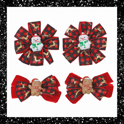 Festive snowman and gingerbread red black Christmas tartan ribbon pigtail hair bow clip set