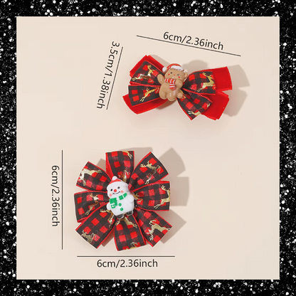 Festive snowman and gingerbread red black Christmas tartan ribbon pigtail hair bow clip set