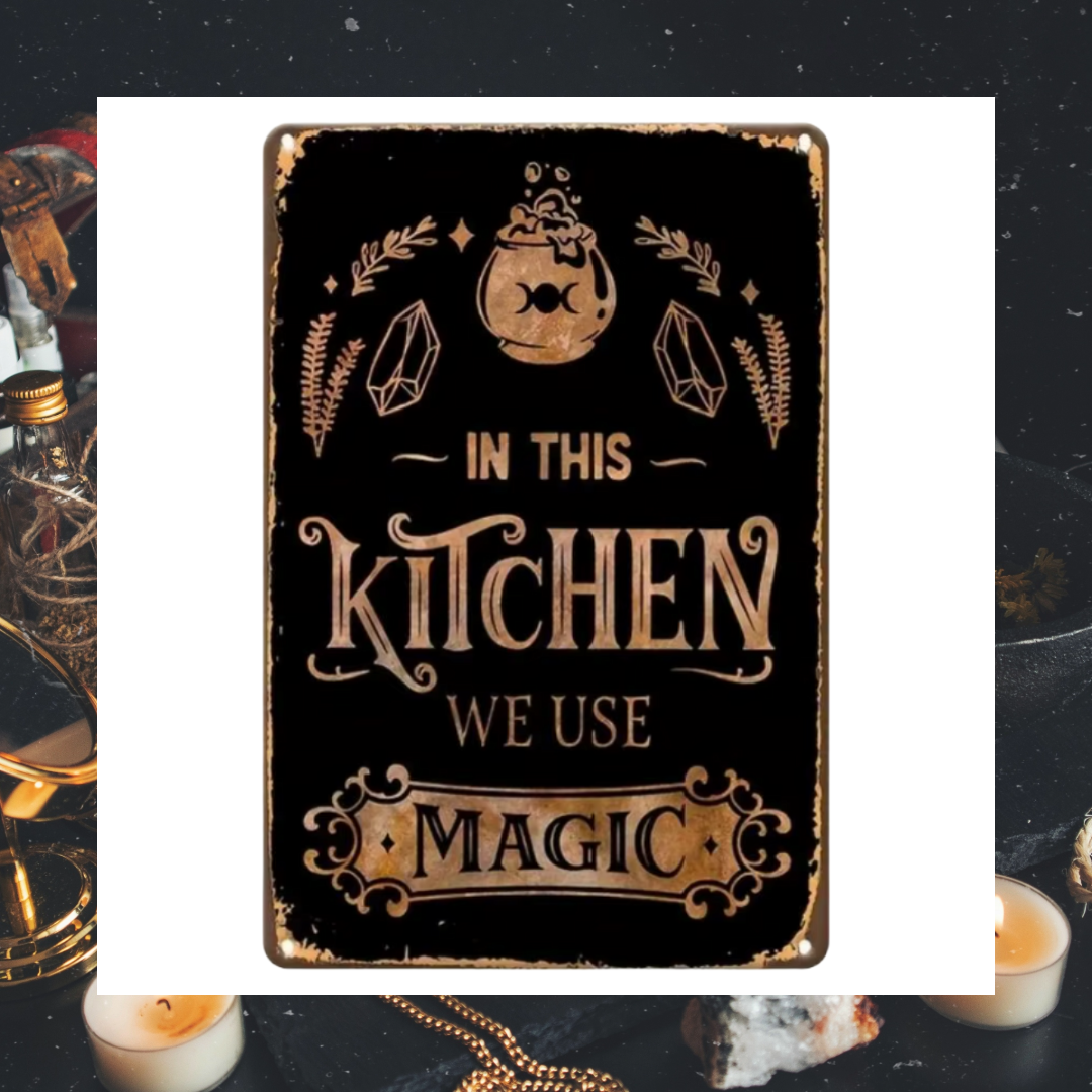In This Kitchen We Use Magic Aluminium Metal Plaque Sign