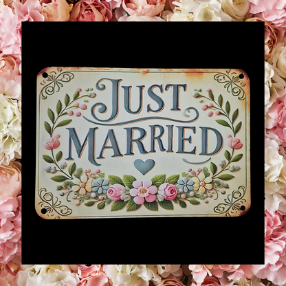Just Married floral aluminium wall plaque sign