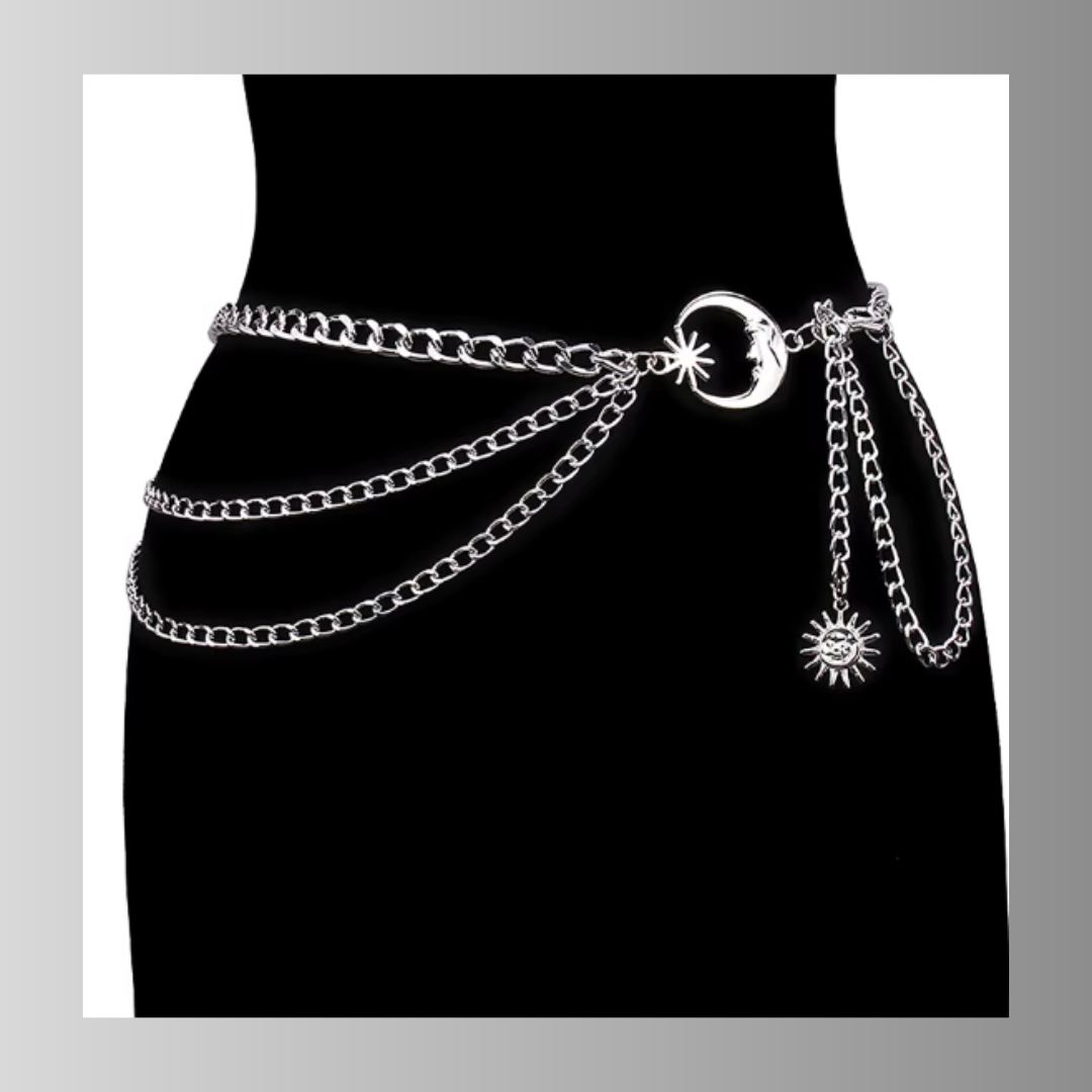 Celestial moon and sun silver chain belt