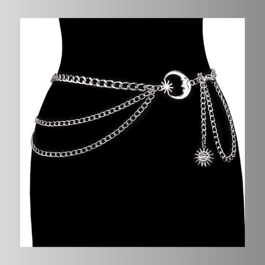 Celestial moon and sun silver chain belt