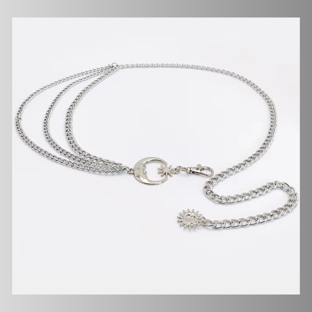 Celestial moon and sun silver chain belt