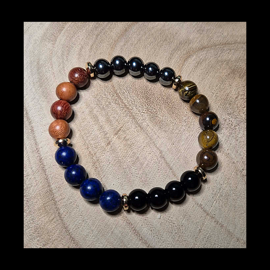 Tiger Eye Hematite Black Obsidian Lapis Lazuli and Wooden Bead Bracelet