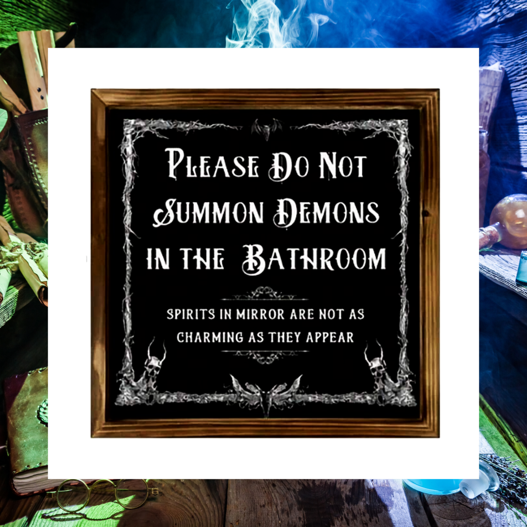 Please do not summon demons in the bathroom toilet bathroom humour wooden framed wall hanging plaque