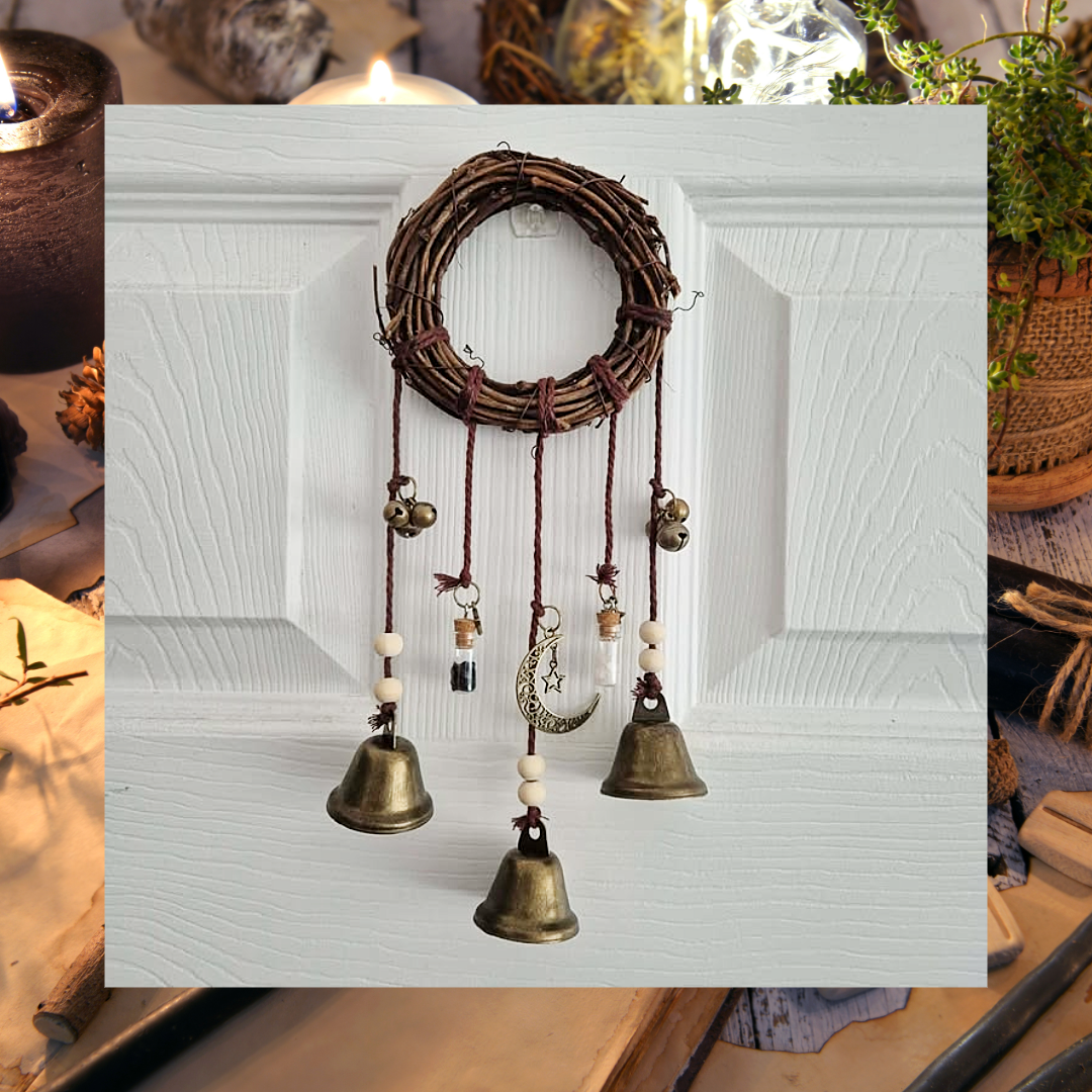 Round rattan witch bells hanging ornament with charms and gem potion bottles