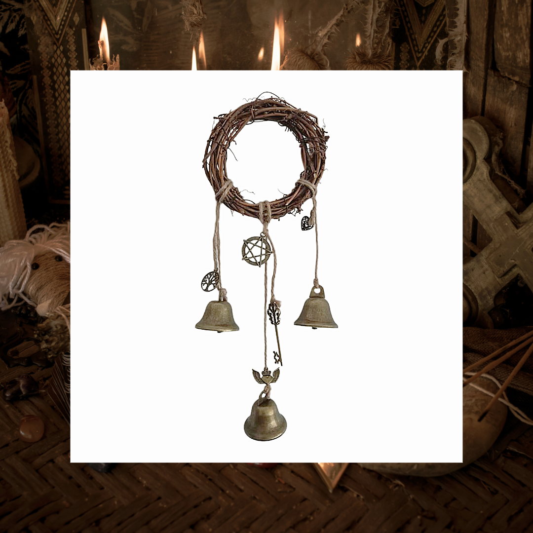 Round rattan witch bells hanging ornament with charms