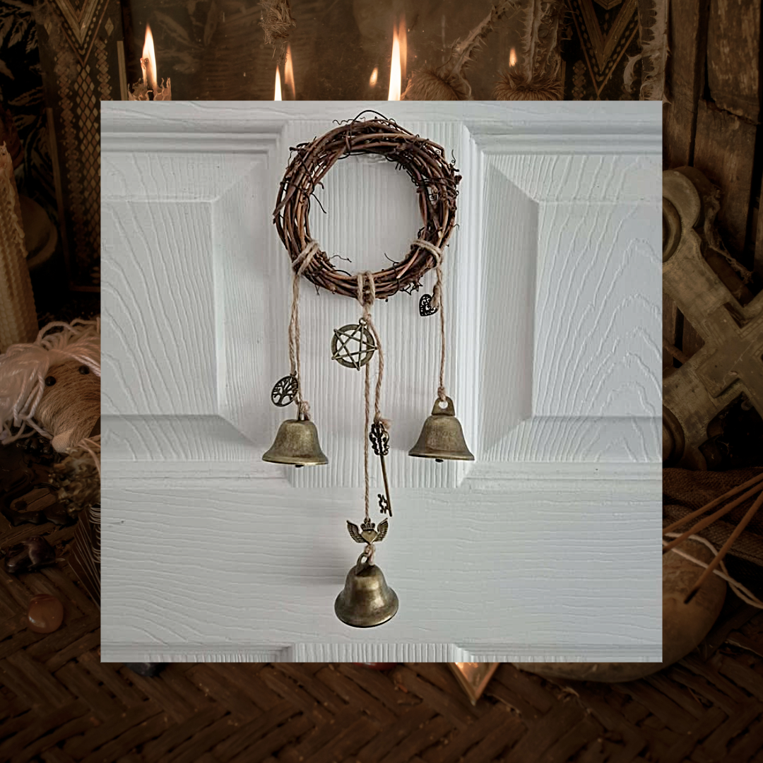 Round rattan witch bells hanging ornament with charms