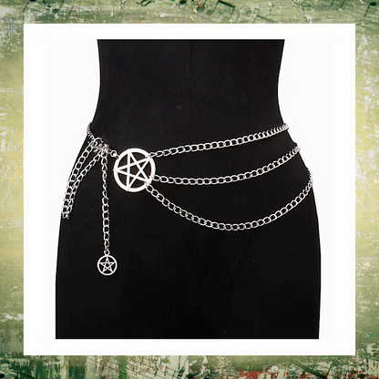 Gothic Witchy Pentagram Five Pointed Star Silver Chain Belt