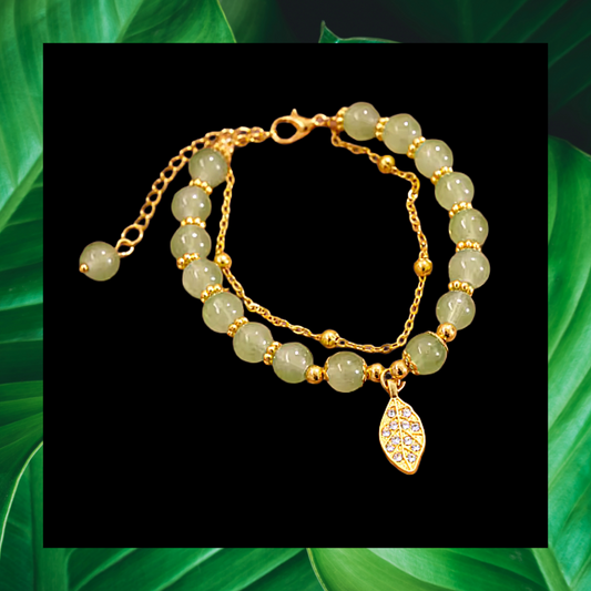 Green Jade Bead and golden rhinestone leaf bracelet