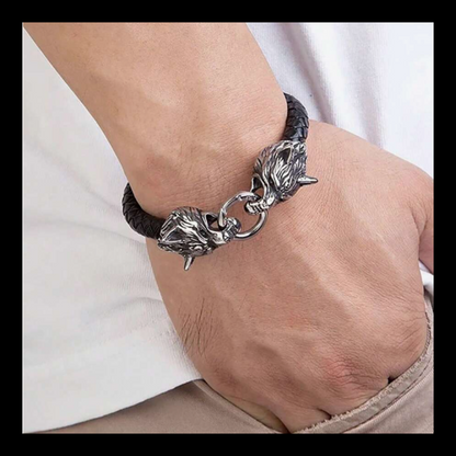 Black leather and stainless steel wolf head wristband