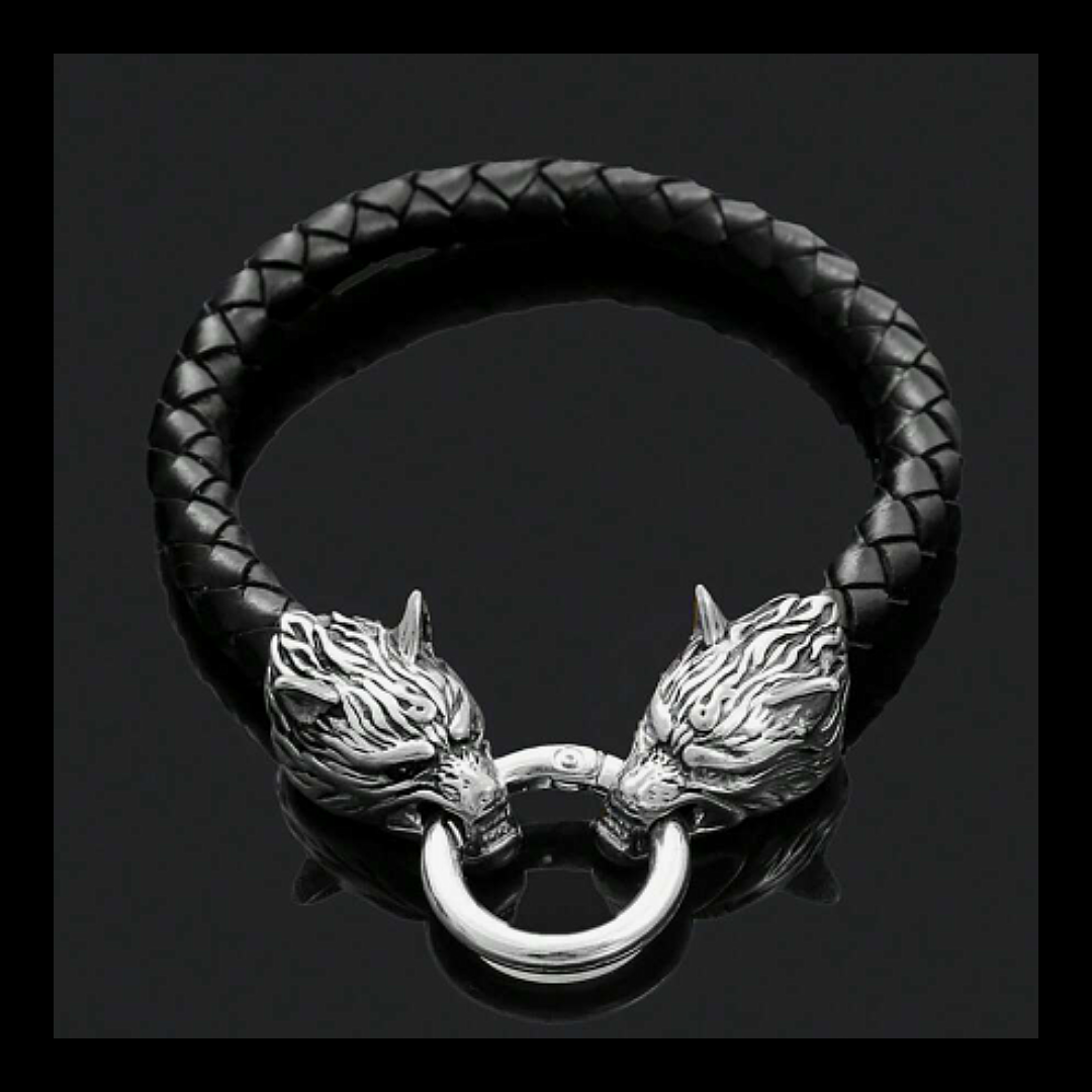 Black leather and stainless steel wolf head wristband