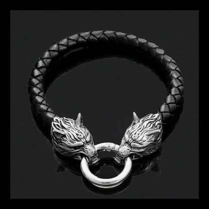 Black leather and stainless steel wolf head wristband