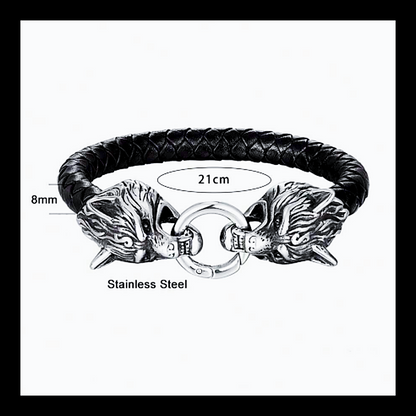 Black leather and stainless steel wolf head wristband