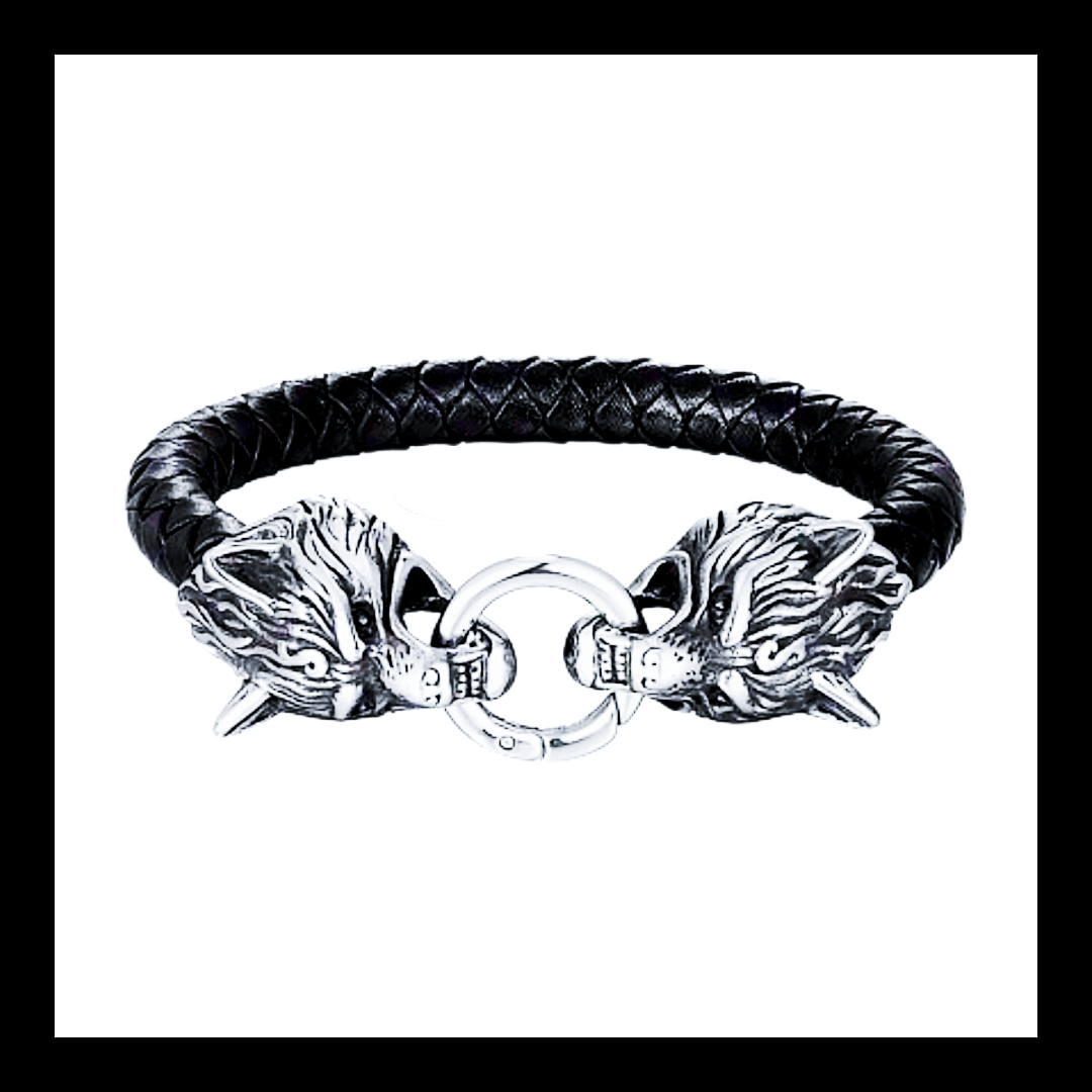 Black leather and stainless steel wolf head wristband