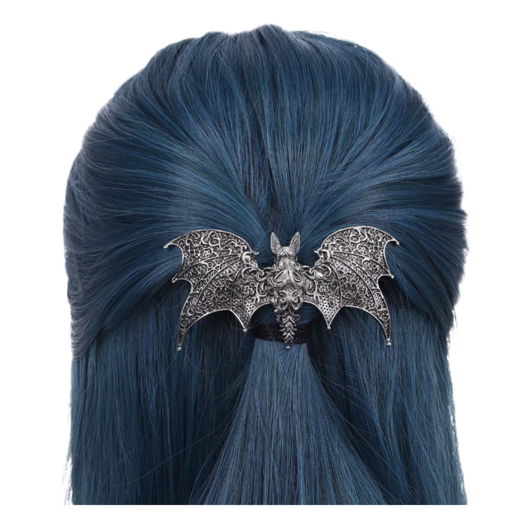 Silver Floral Winged Flying Bat Gothic Alternative Metal Hairpin Barrette Clip