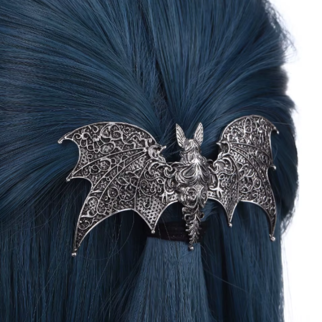 Silver Floral Winged Flying Bat Gothic Alternative Metal Hairpin Barrette Clip