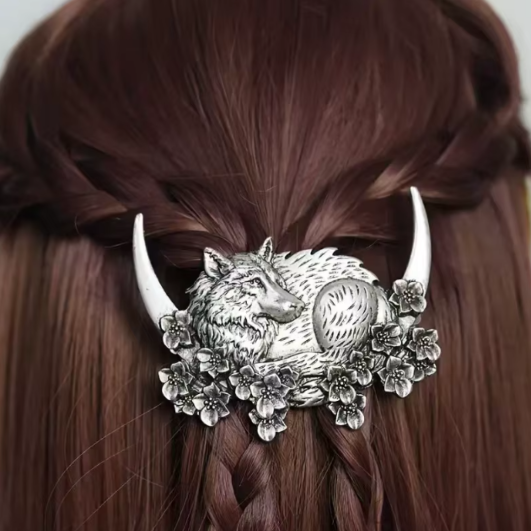 Vintage Crescent Moon Wolf with Flowers hair barrette hair slide clip