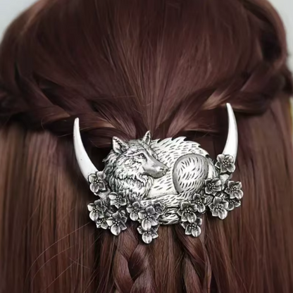 Vintage Crescent Moon Wolf with Flowers hair barrette hair slide clip