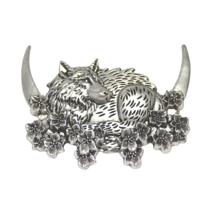 Vintage Crescent Moon Wolf with Flowers hair barrette hair slide clip