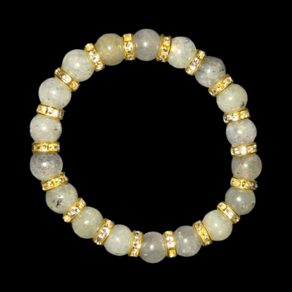 Labradorite Gemstone Beaded Bracelet With Gold Rhinestone Charms
