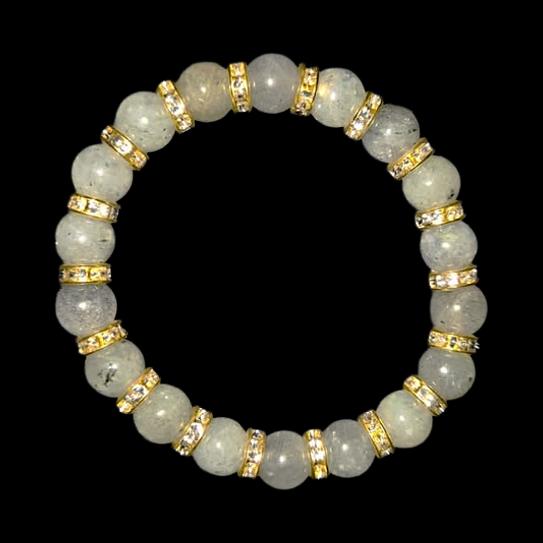 Labradorite Gemstone Beaded Bracelet With Gold Rhinestone Charms
