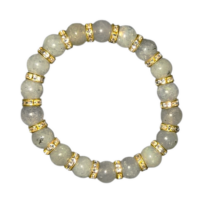 Labradorite Gemstone Beaded Bracelet With Gold Rhinestone Charms