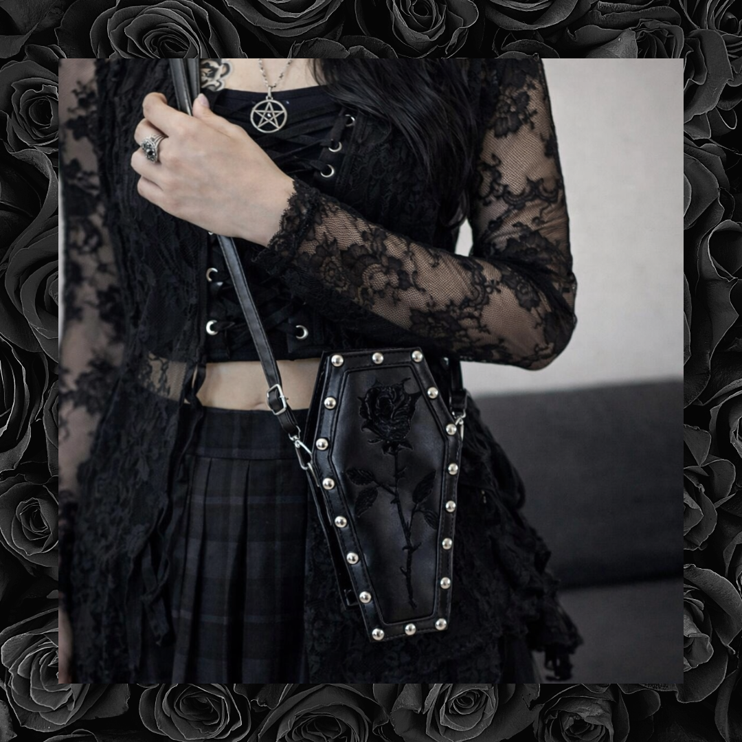 Rose Coffin Studded Gothic Crossbody Satchel Bag