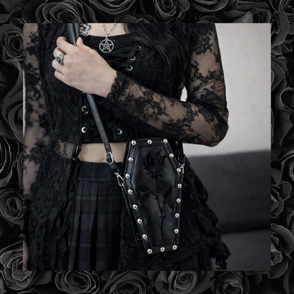 Rose Coffin Studded Gothic Crossbody Satchel Bag