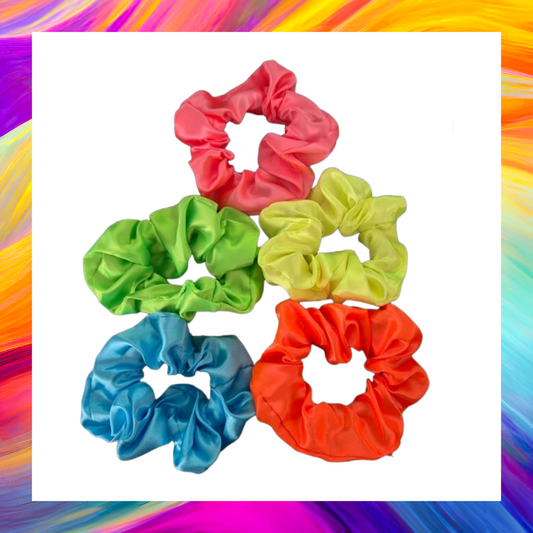 Satin neon hair scrunchies - set of five pink yellow green blue and orange