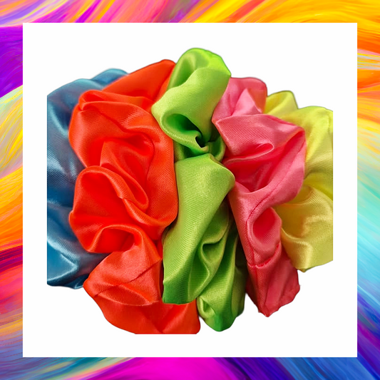 Satin neon hair scrunchies - set of five pink yellow green blue and orange