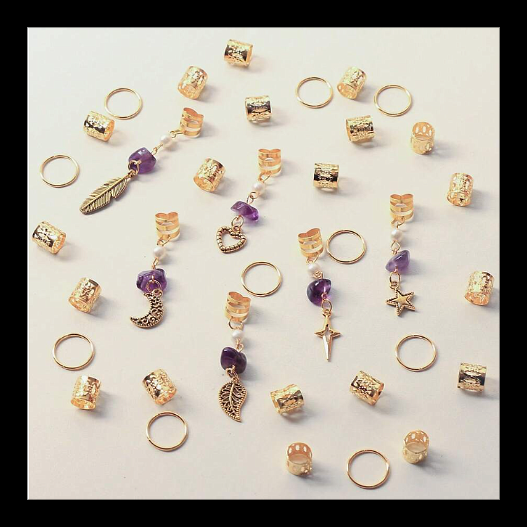 Silver & Gold Braid Coils Set – 36pcs with Charms Amethyst Chips and Faux Pearl Beads
