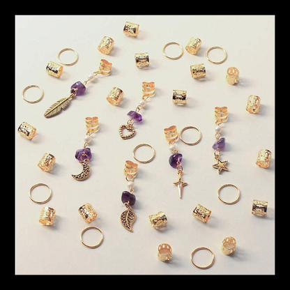 Silver & Gold Braid Coils Set – 36pcs with Charms Amethyst Chips and Faux Pearl Beads