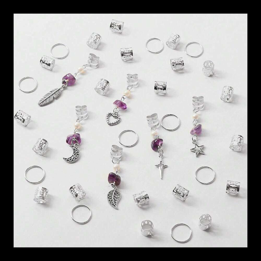 Silver & Gold Braid Coils Set – 36pcs with Charms Amethyst Chips and Faux Pearl Beads