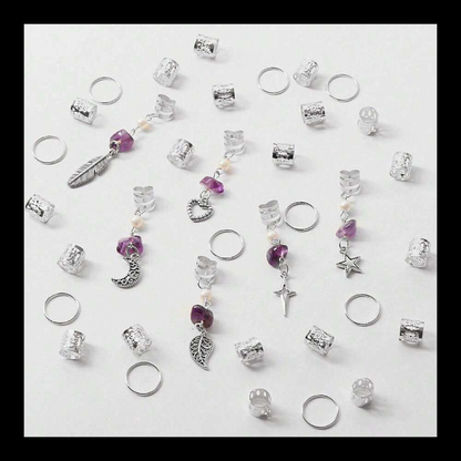 Silver & Gold Braid Coils Set – 36pcs with Charms Amethyst Chips and Faux Pearl Beads
