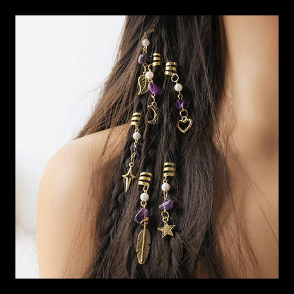 Silver & Gold Braid Coils Set – 36pcs with Charms Amethyst Chips and Faux Pearl Beads