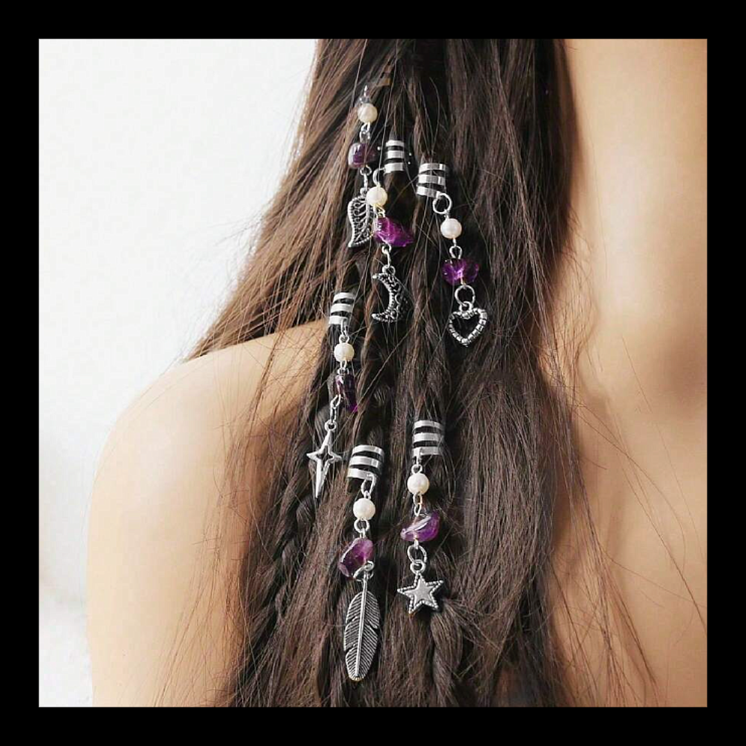 Silver & Gold Braid Coils Set – 36pcs with Charms Amethyst Chips and Faux Pearl Beads