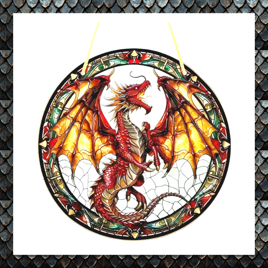 Fiery Dragon Stained Glass Effect Window Décor – Mythical Suncatcher Plaque Ornament