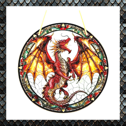Fiery Dragon Stained Glass Effect Window Décor – Mythical Suncatcher Plaque Ornament
