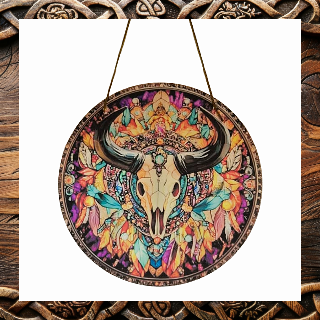 Bohemian Bull Skull Stained Glass Style Suncatcher – Mandala Window Hanging